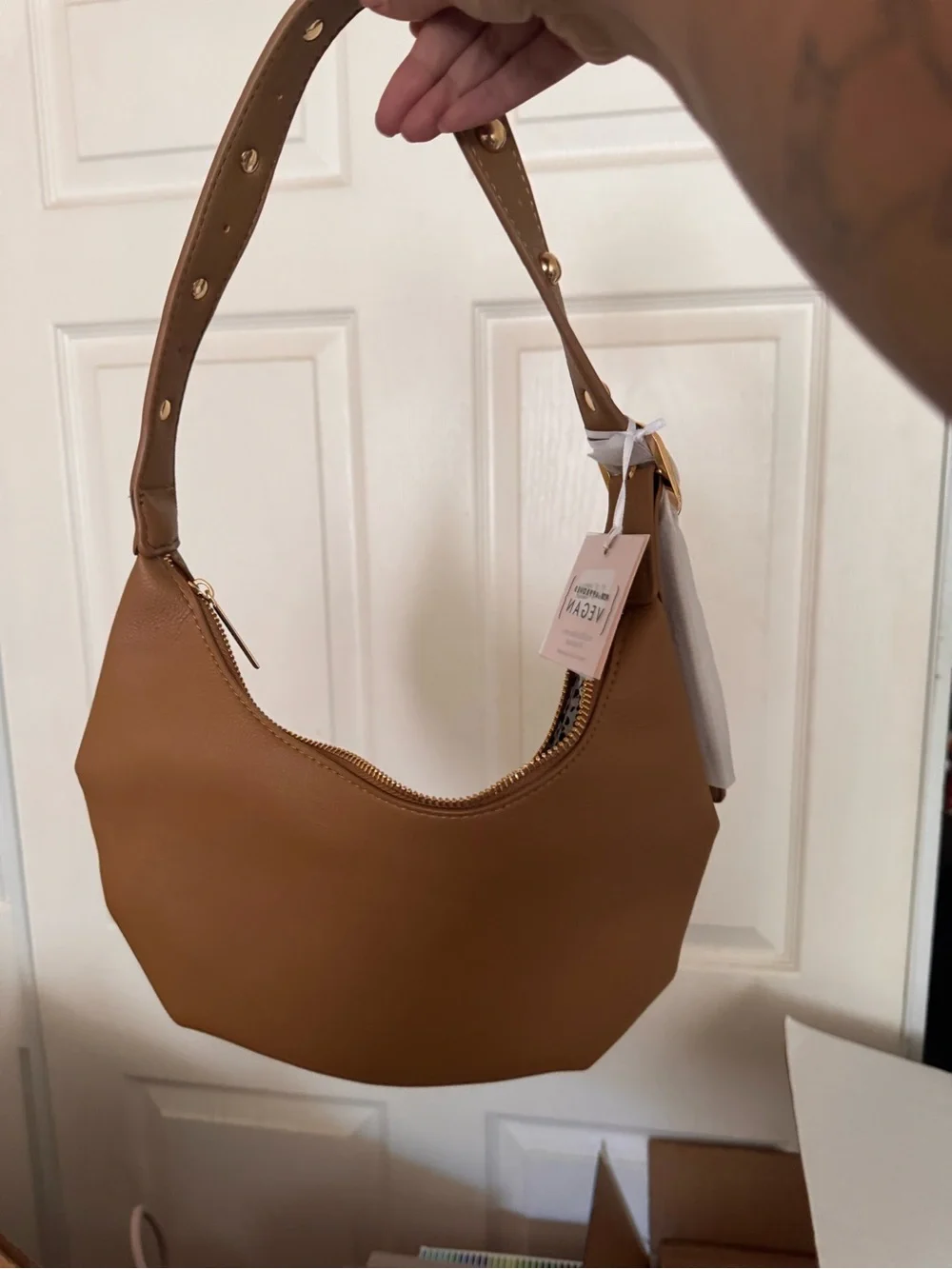 Tan Pebbled Hobo Bag with Leopard Lining